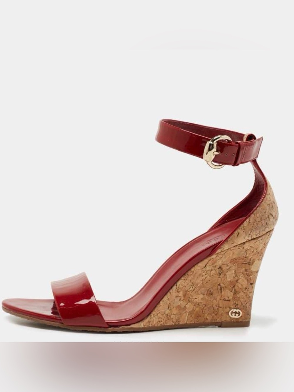 Gucci Red Patent Leather Cork Wedge Sandals with Ankle Strap